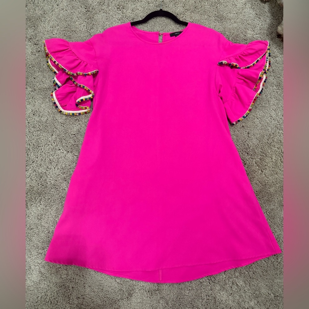 Very J Hot Pink Ruffle Sleeve Dress with Colorful Trim